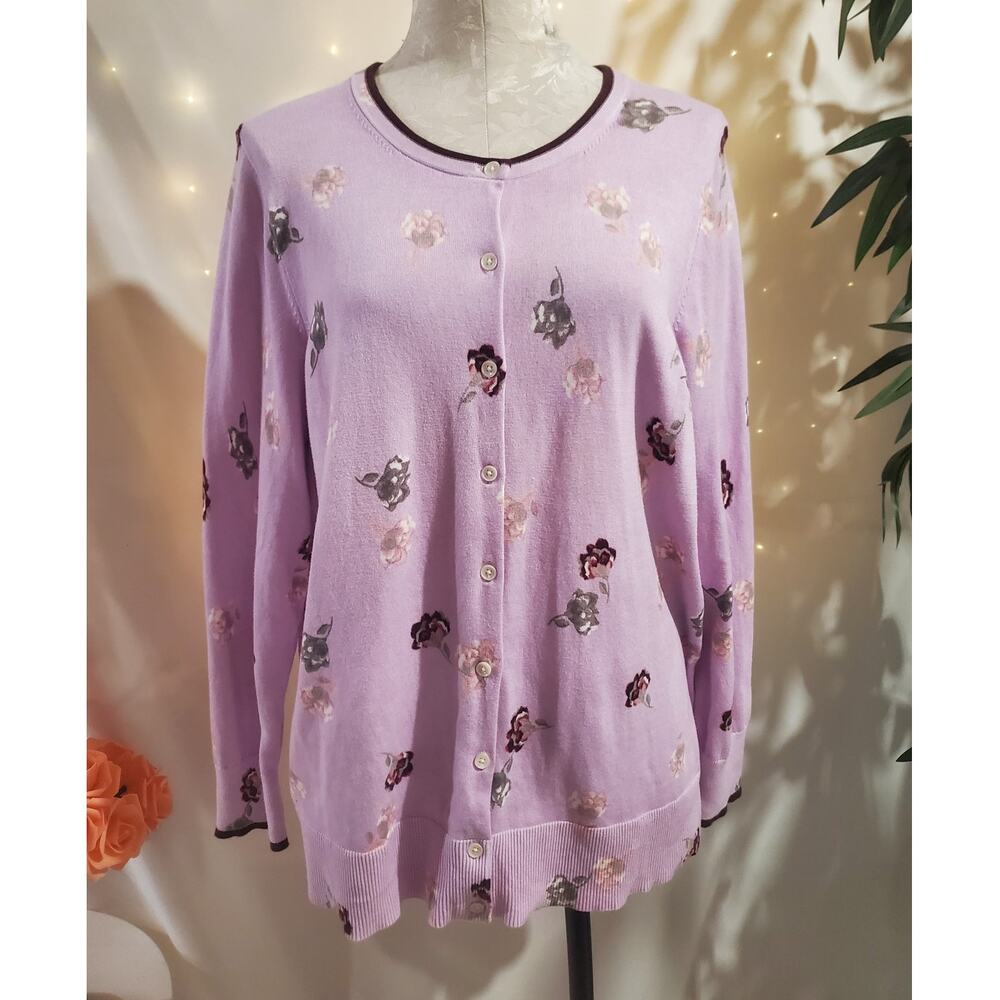 Lands End Supima Cotton Floral Button Cardigan Sweater Plus Sz 1X 16-18W Purple